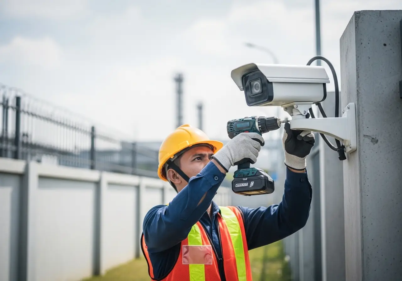 Pemasangan IP Camera Outdoor waterproof dengan pelindung metal untuk keamanan perimeter pabrik